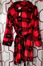 NEW Victoria Secret Pink Bathrobe Red Black Plaid Cozy Fleece Robe XS/S Plush