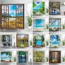 3D Window Forest Sea Shower Curtain Waterproof Bathroom Fabric Curtains 12 Hooks