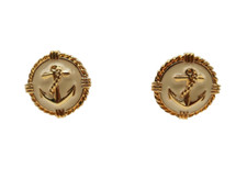 Vtg 1980's Gold Tone & Cream Enamel Anchors & Rope Button Post Earrings