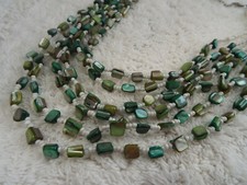 Multi Strand White Glass Bead Green Shell Necklace F28 