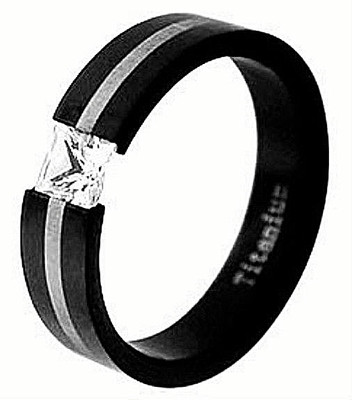 Titanium Black TENSION Ladies Solitaire RING with 4mm SQUARE CZ & Accent, size 5