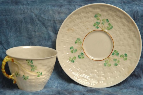 Belleek White woven Cup & Saucer with Shamrocks 3rd Green Mark Excellent - Picture 2 of 4