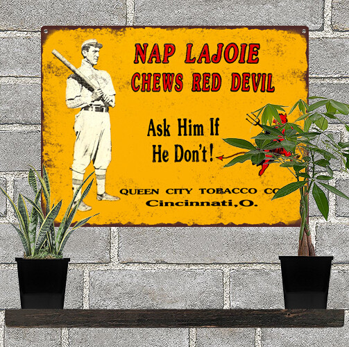 NAP  LAJOIE CHEWS RED DEVIL 　ヴィンテージ看板 Nap Lajoie Chews Red Devil Tobacco Garage Shop Metal Sign Repro