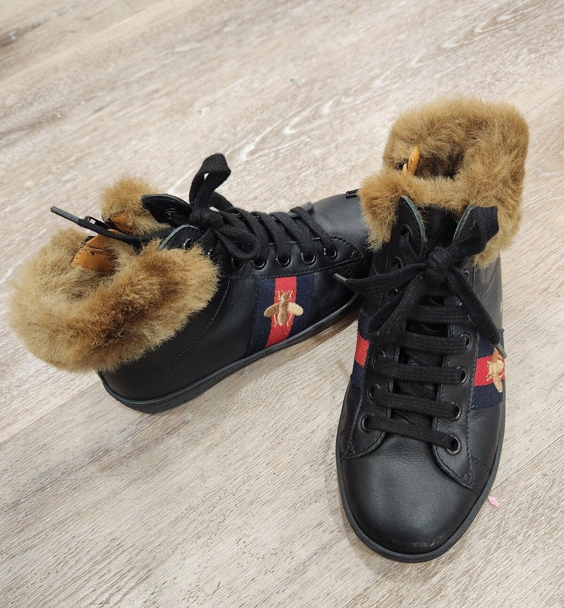 GUCCI children サイズ28 GUCCI KIDS SIZE 28 BLACK FUR-TRIMMED HIGH-TOP SNEAKERS GREAT