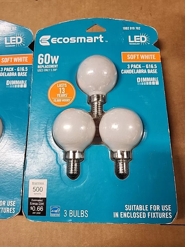 NEW EcoSmart 6-pk 60W G16.5 LED Bulb E12 Candelabra Soft White 2700K Dimmable - Image 2 of 4
