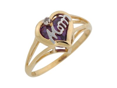 10k or 14k Two Tone Gold  Natural Diamond and Simulated Amethyst Mom Heart Ring