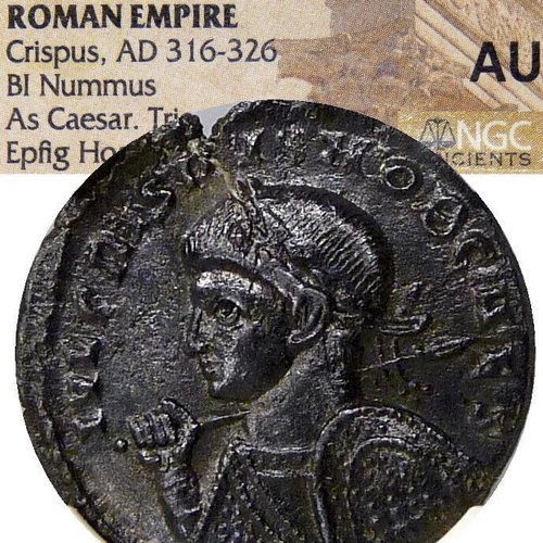 CRISPUS with Spear, Shield. NGC AU Epfig Hoard Son of Constantine the Great Coin