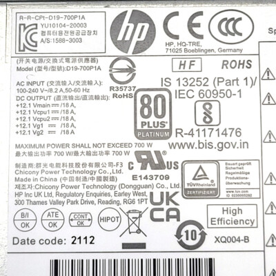 HP Z2 G5 MT 700W 80 Plus Platinum Power Supply M09027-003 L80662