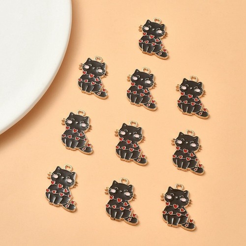 10 Pretty Black Cat & Hearts Shaped Gold Tone Charms with Enamel Detail - 第 1/1 張圖片