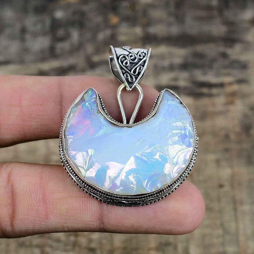 Milky Opale Gemma Artigianale 925 Pendente Argento Sterling per Matrimonio Gioie - Immagine 2 di 4