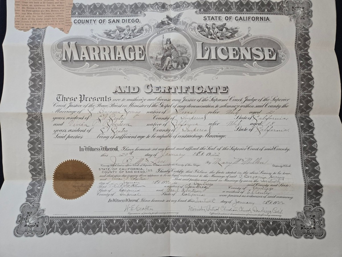Marriage License Certificate San Diego California CA Seal 1922