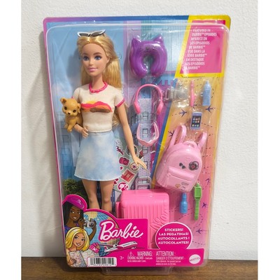 NWT: Barbie - Malibu Doll + Travel Accessories, Pink Suitcase, Puppy (Blonde)
