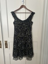 Nine West Silk Floral Baby Doll Dress Womens Size 14P Black Green Romantic NWT