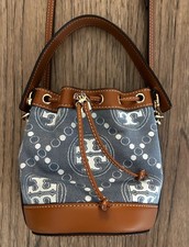Tory Burch Mini T Monogram Denim Bucket Bag Blue Brown Leather Drawstring Tory Burch Mini T Monogram Denim Bucket Bag Blue Brown Leather Drawstring