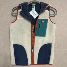 L.L. Bean Kids Sherpa Retro-X Vest with Hood Cream Blue Orange Sz L 14-16 NEW