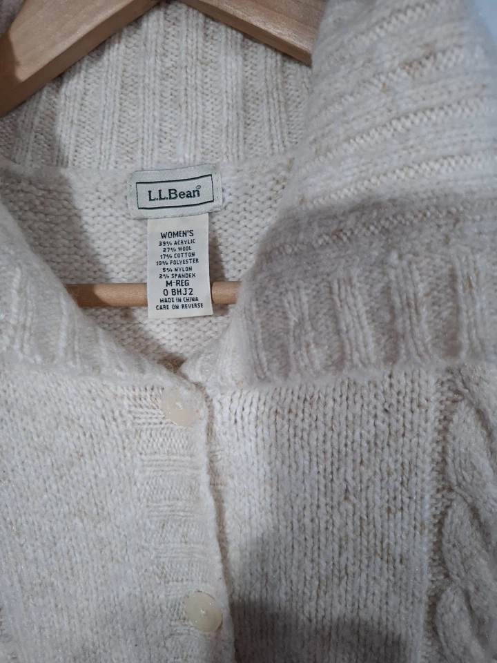 LL Bean Womens Beige Cardigan Sweater Wool Blend Cottagecore Medium Cable Knit - Image 2 of 4