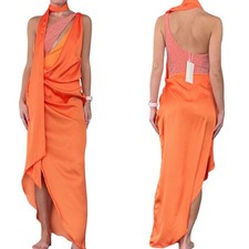 Baobab Women's Sm Gavea Orange One Shoulder Ruch Draped Silky Asaka Maxi Dress 2