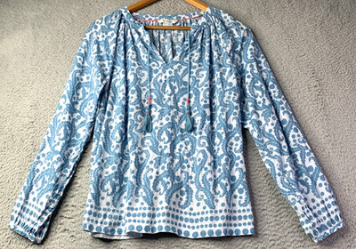 Boden Top Womens Size 6 Blue White Print Tassel V Neck Cotton Blouse 100% Cotton