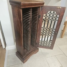 Vintage wood CD rack with single door - approx. 87.5cm h x 35cm w x 21cm deep.