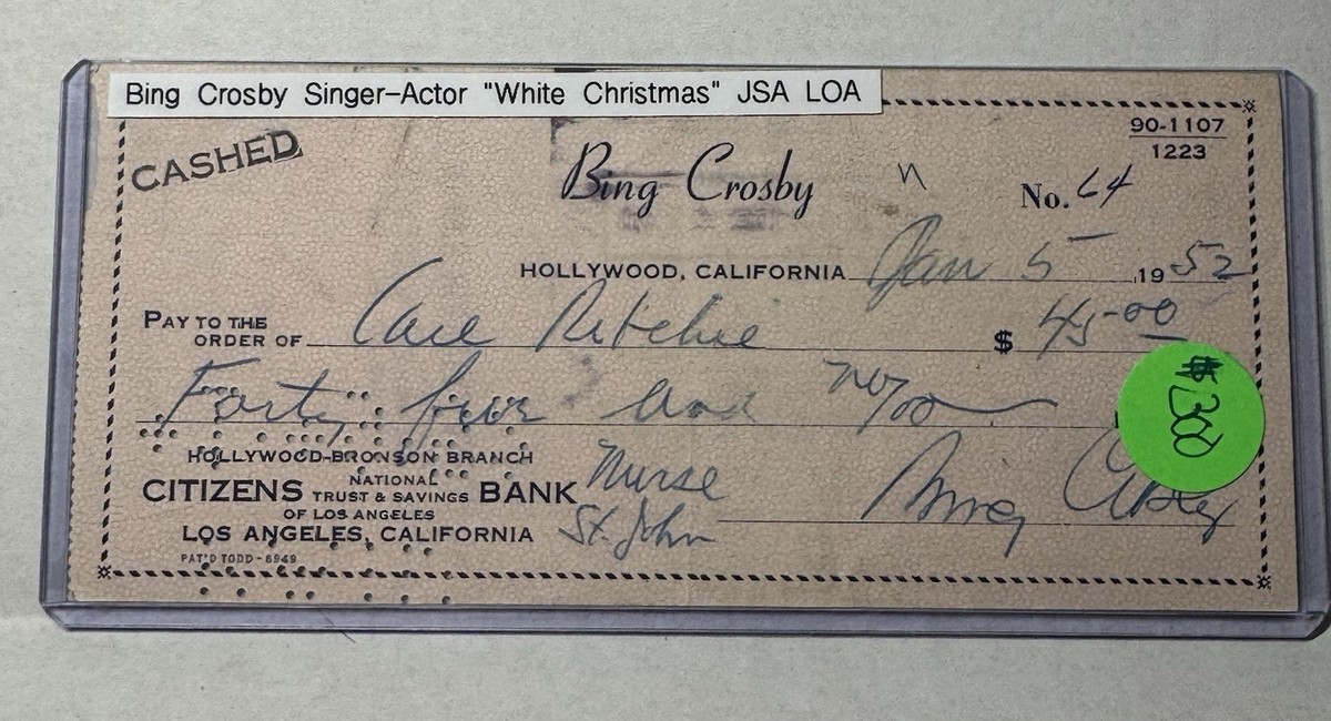 Bing Crosby Signed Check 1952 Blue Ink LOA | eBay