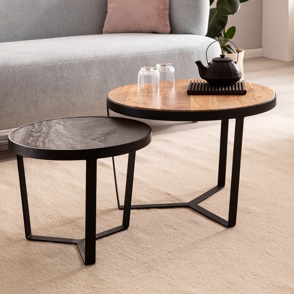 Couchtisch FineBuy Wohnzimmertisch 2Er Set Rund Holz Steinoptik Satztisch Braun-image