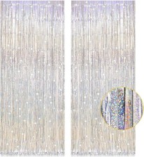 2 Pack 3.2ft x 8.2ft Silver Metallic Tinsel Foil Fringe Curtains, Door Streamer