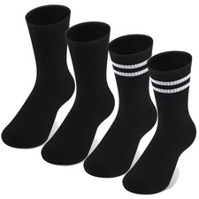Kids Boys Crew Socks - 4 Pack Ribbed Towel Small Black and Striped Black