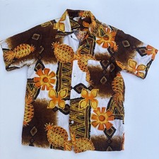 Vintage 60s Kiilani Cotton Barkcloth Hawaiian Shirt M Shaheen Retro Orange