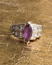VTG 80s Sterling Silver 925 Marquise Cut Amethyst CZ Ring Purple Gemstone Size 8