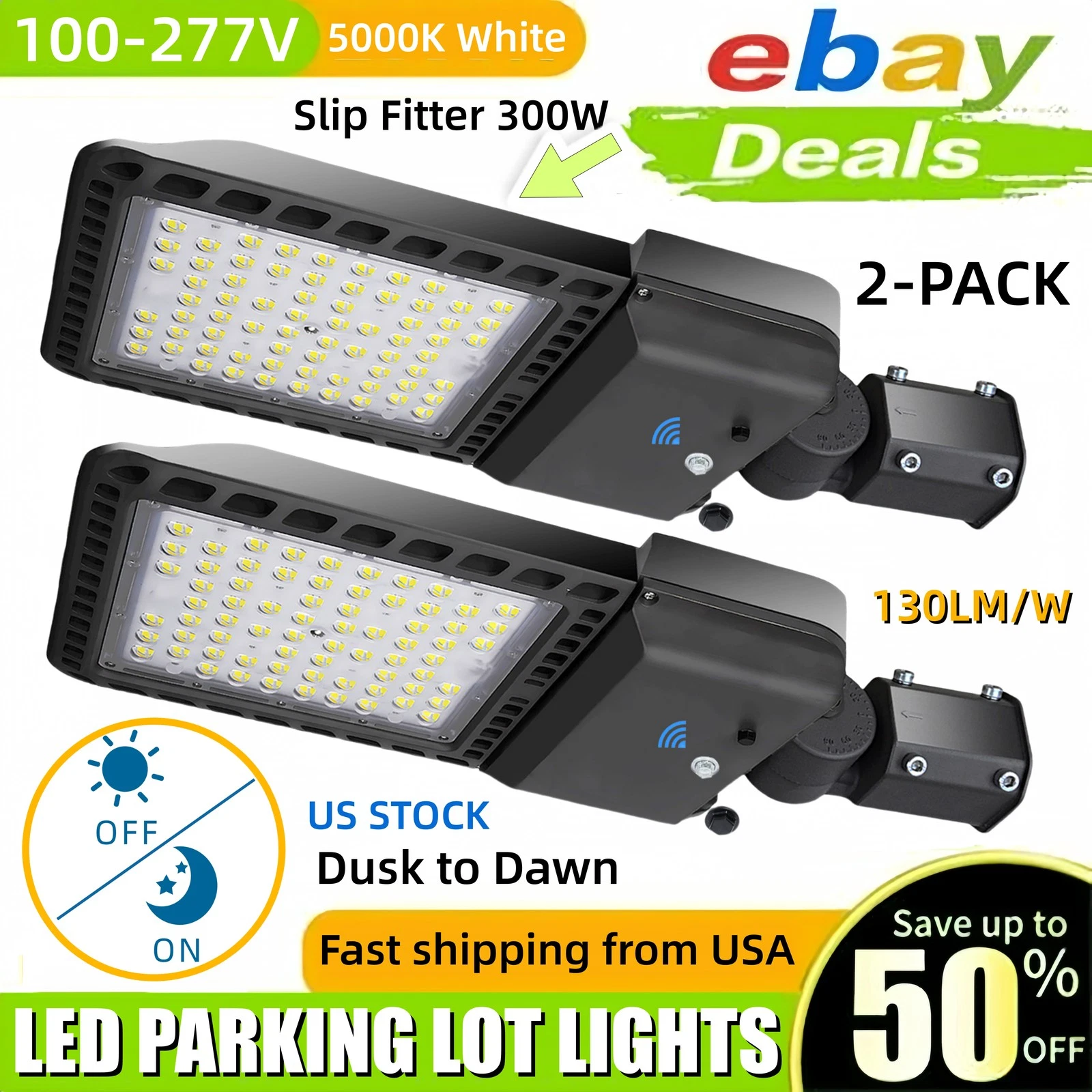 2 Pack 300W Commercial LED Parking Lot Lights, Hardwired Outdoor Garage Lighting