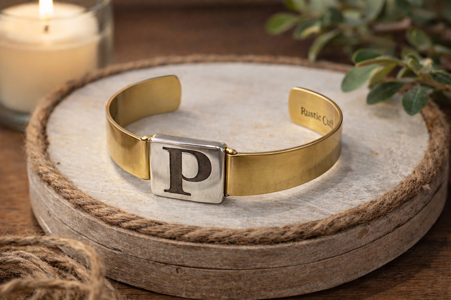 Rustic Cuff Personalized Initial “P” Bracelet Gol… - image 1