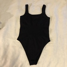 OQQ Black Ribbed Square Neck Bodysuit Size Medium