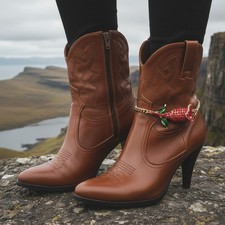 Women 2PCS Gold Chain Boot Bracelet Shoe Anklet Red Flower Charm HANDMADE In USA