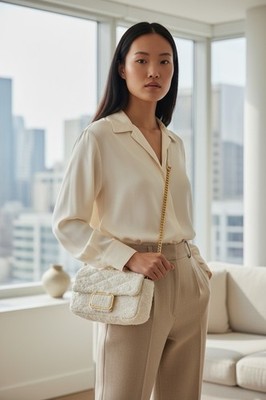 Mango Cream Bouclé Tweed Gold Chain Shoulder Bag NWT