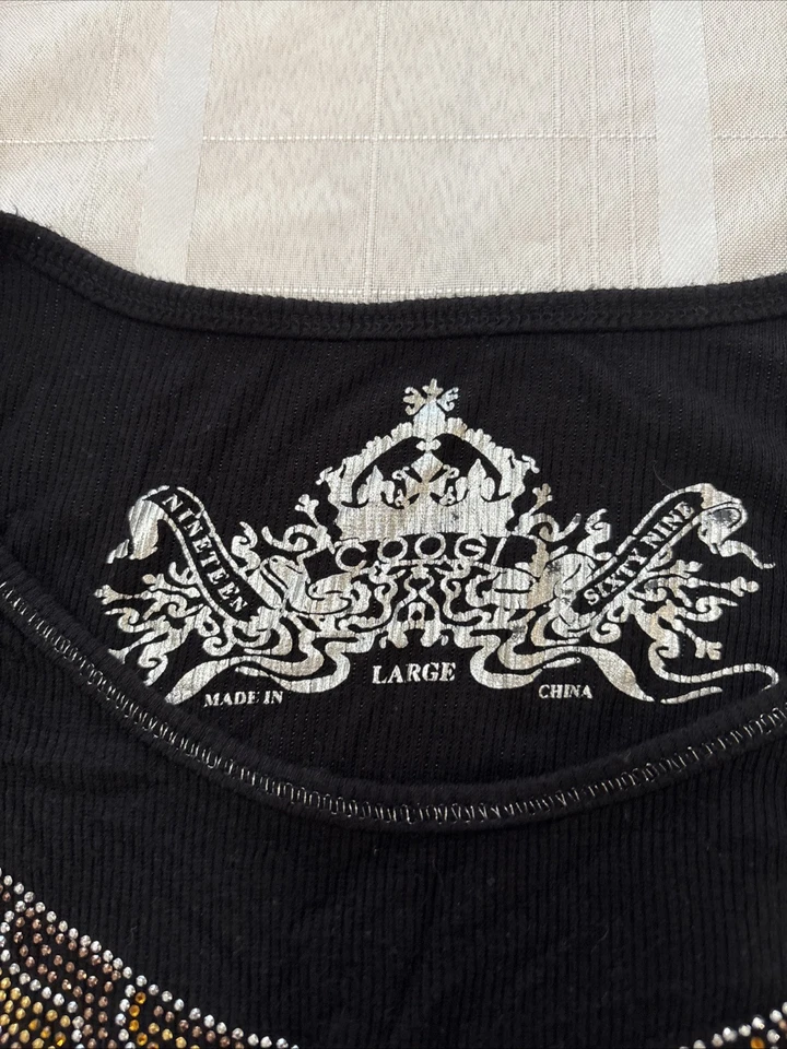 Coogi Quarter sleeve rhinestone cut off shoulder ribbed Shirt Black Casual L - Изображение 3 из 4