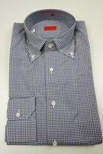 Isaia Cobalt Gray White Gingham Plaid Long Sleeve Cotton Dress Shirt 15.5/39 NEW
