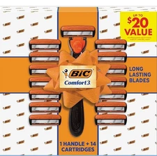BIC Comfort 3 Refillable Men's 3-Blade Manual Razors, 1 Handle and 14 Cartridges