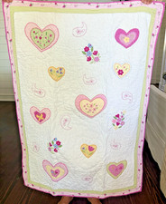 Vintage POTTERY BARN KIDS Crib Toddler Quilt Blanket Pink Green Gingham Hearts