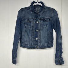 Aeropostale Juniors Medium Denim Jacket Blue Jean Trucker Cropped Fitted Button