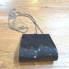 Kristino Black Sequin Evening Bag Silver Chain Kiss Lock Clutch Vintage Style
