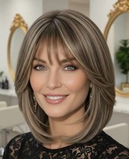Short Ash Brown Blonde Highlight Bangs 13x4 Lace Front 100 Human Hair Wigs