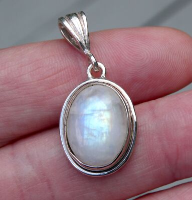Mag Sterlingsilber blau Regenbogen Mondstein oval Cabochon Anhänger 925 4,5 g 1,25 Zoll