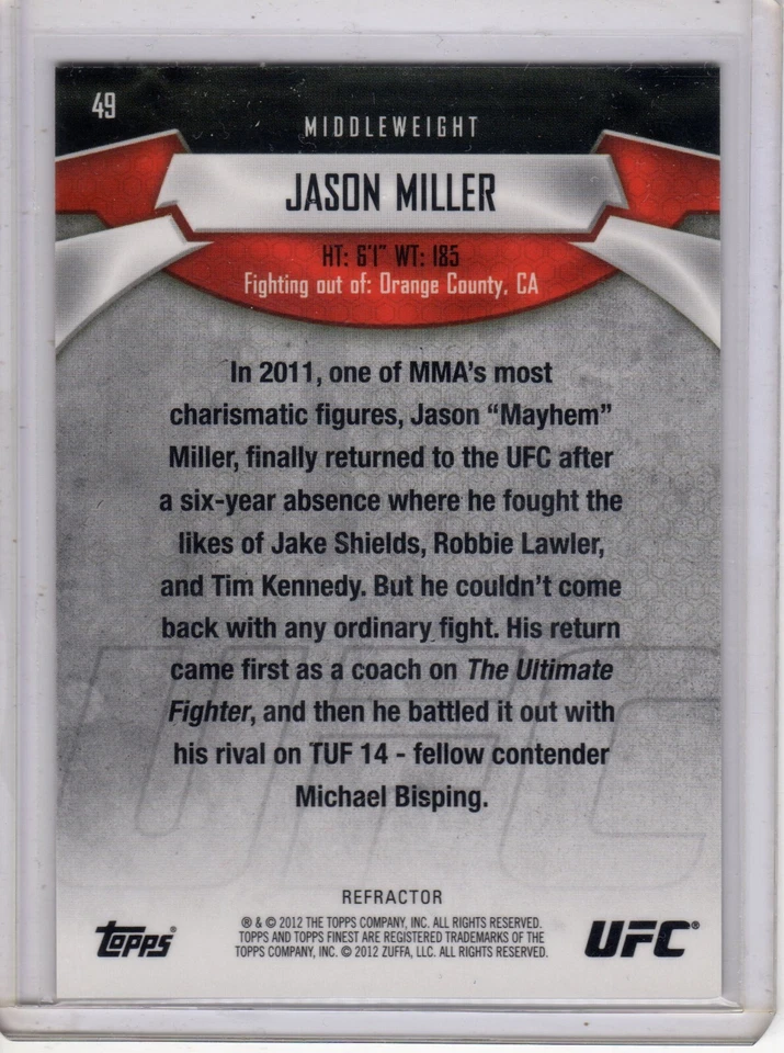 2012 UFC Finest Refractors Gold Jason Miller Insert #71/88 - Image 2 of 2