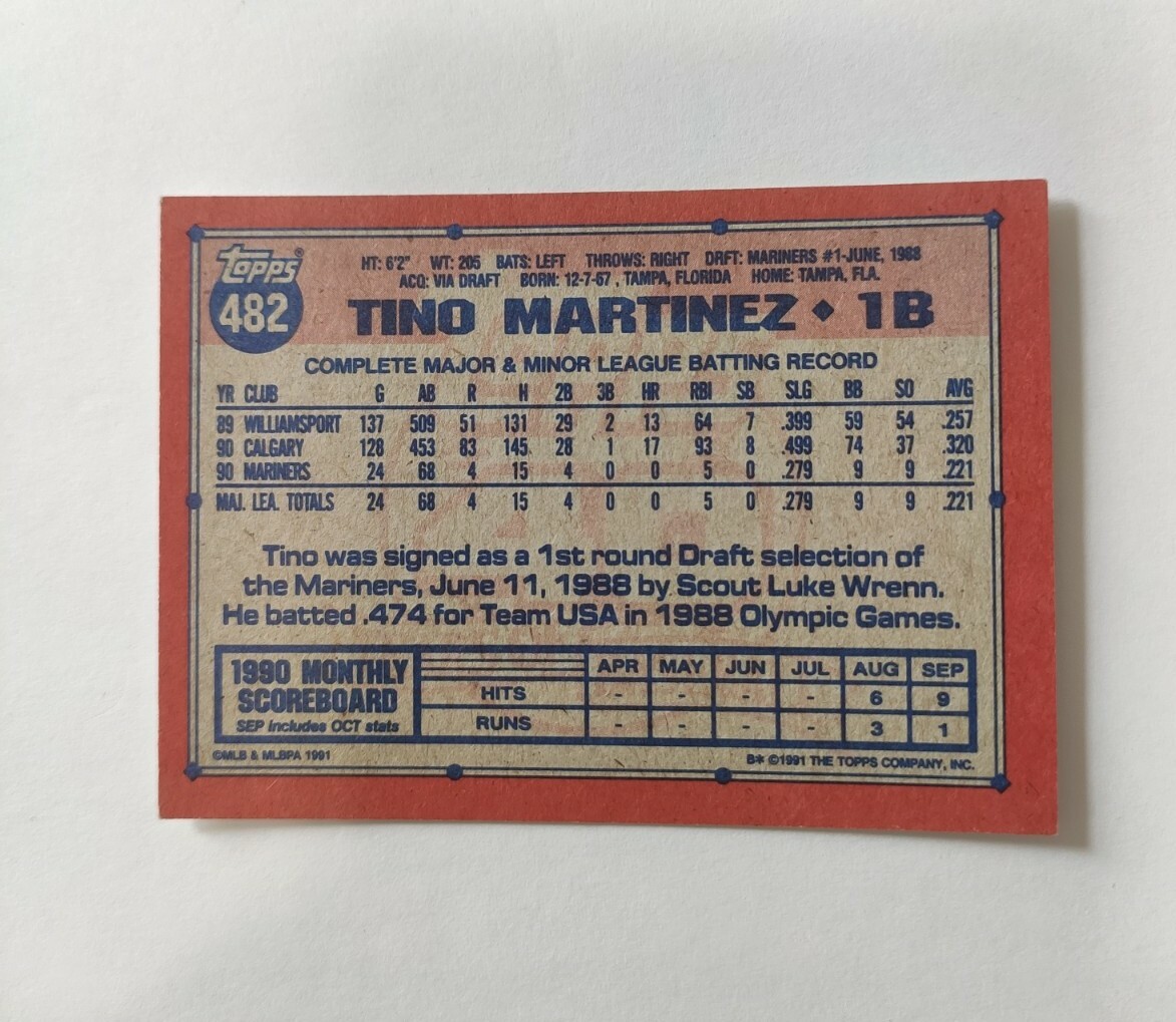 1991 Topps Baseball Card #482 Tino Martinez Seattle Mariners