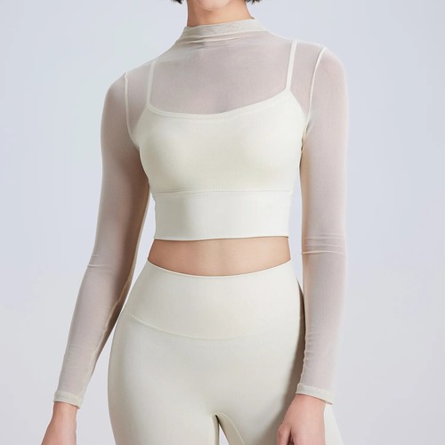 Mesh Yoga Long Sleeved Sports T-Shirt with Chest Pad Women Workout Gym Shirts - Picture 25 of 34