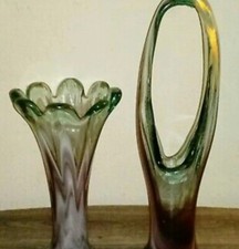 RARE PAIR Vintage Murano Art Glass Vases "Stretch Basket  Swung Trumpet"