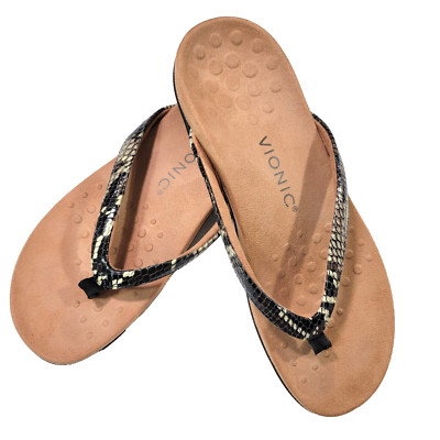 Vionic Dillon Sandal Flipflop Sz 8 Snake Print Thong Suede Mobwife Arch Support