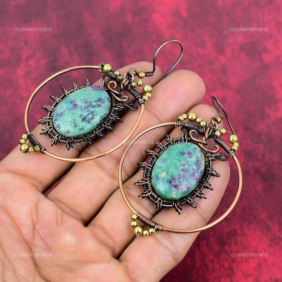 Медный рубин Fuchsite драгоценных камней крещения проволока обернутый подвеской падение крюк серьги - Изображение 4 из 4