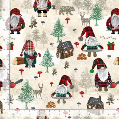 Christmas Fabric | Lumberjack Gnome & Log Cabin Cream | Timeless Treasures YARD