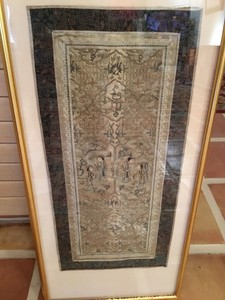 Antique Qing Chinese silk embroidered QUALITY hanging 23" x 10.5" frame 32x15"